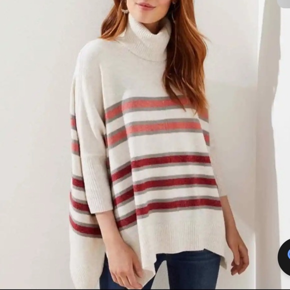 LOFT Cream Striped Wool Blend Soft Turtleneck Poncho Sweater - Picture 1 of 8